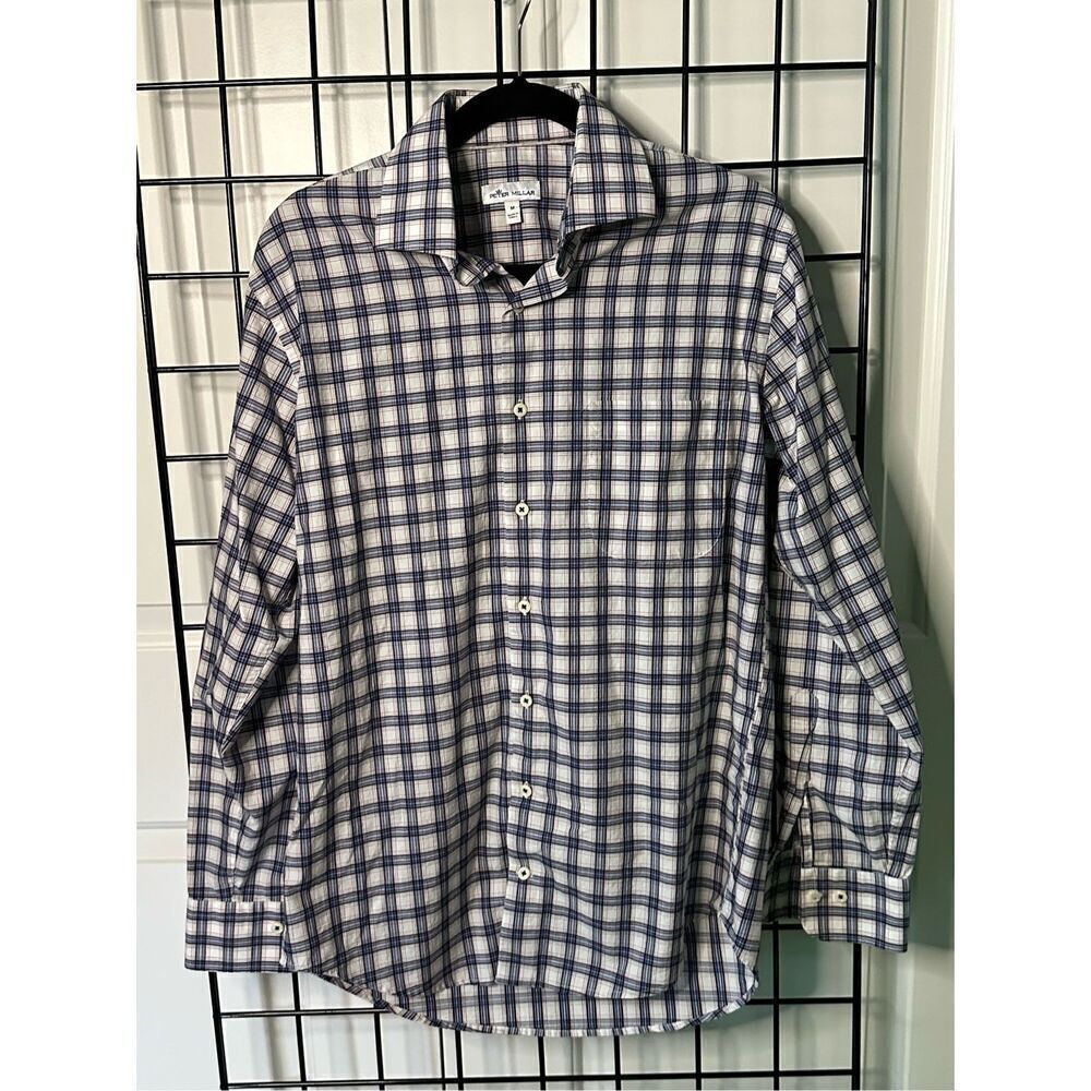 Peter Millar Button Down LS Plaid Cotton Dress Mens M Blue Preppy Coastal